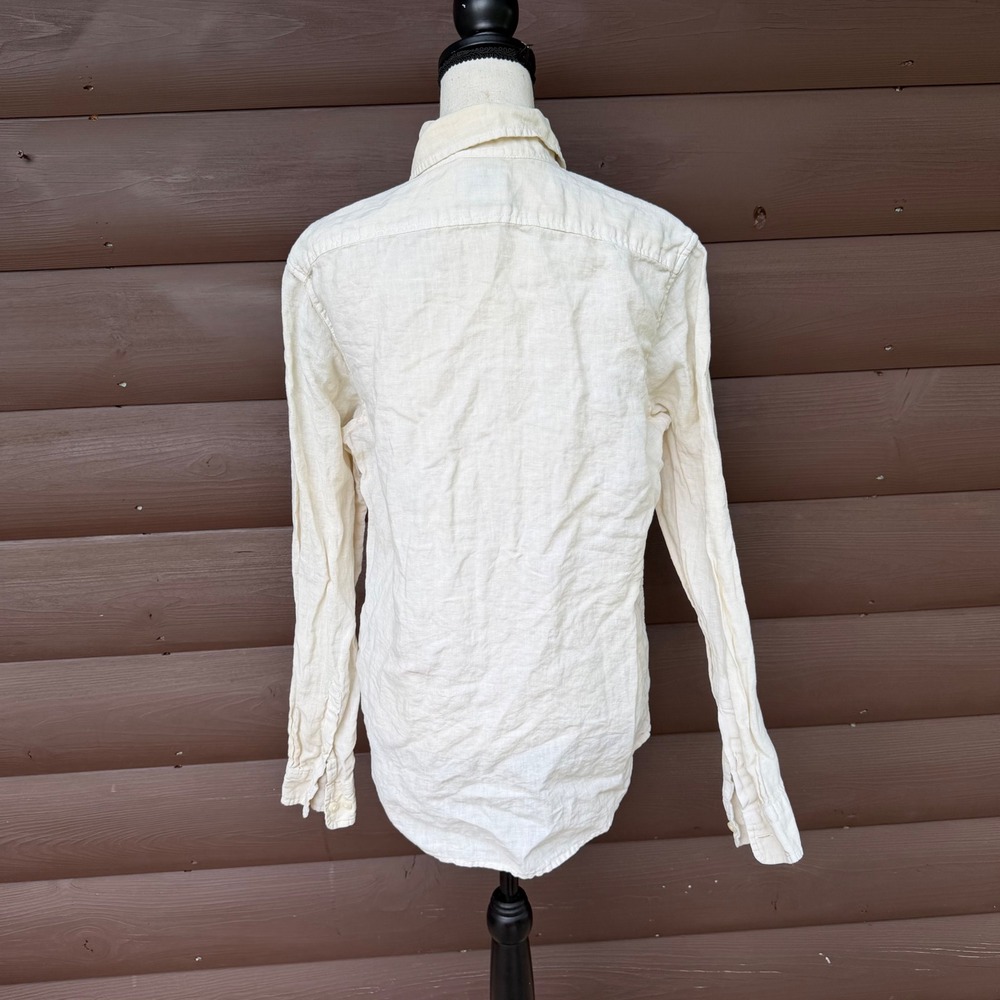 L.L. Bean Button Down Shirt Mens S Cream Linen Long Sleeve Slightly Fitted - Picture 3 of 4